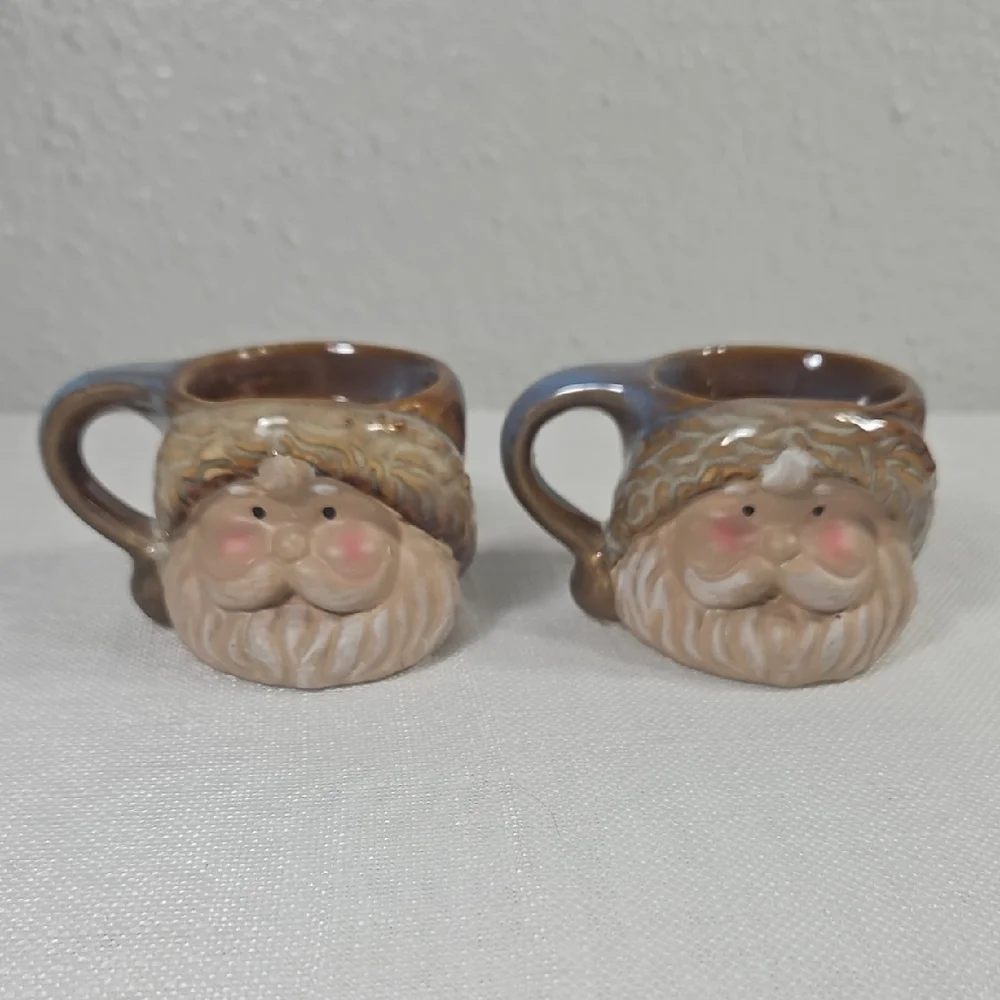 NWT Set of 2 Bohemian Brown Cream & Blue Santa Claus Ceramic Tea Light Holders